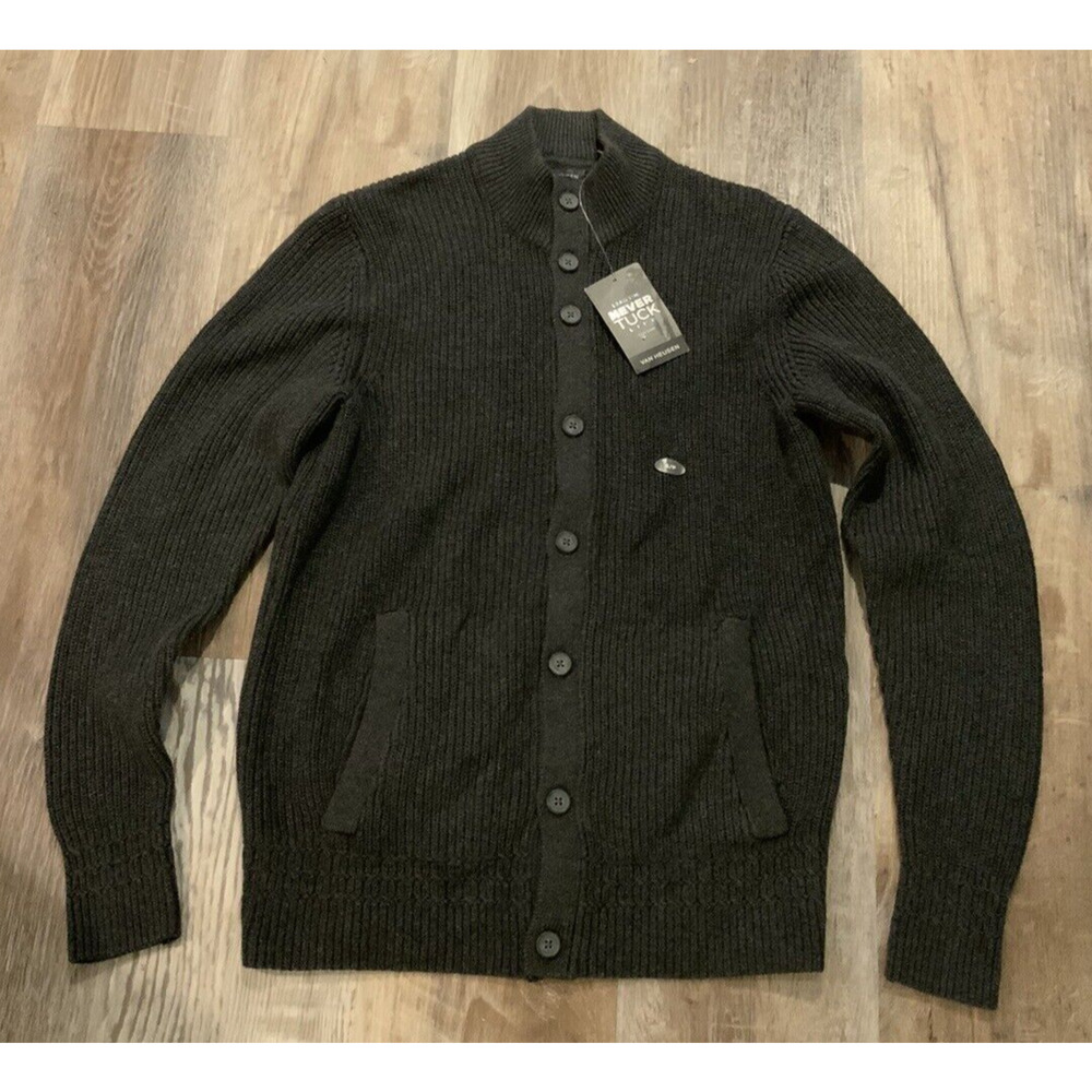 Van Heusen Mens Gray Never Tuck Cardigan‎ Button Front Sweater Collared Size S